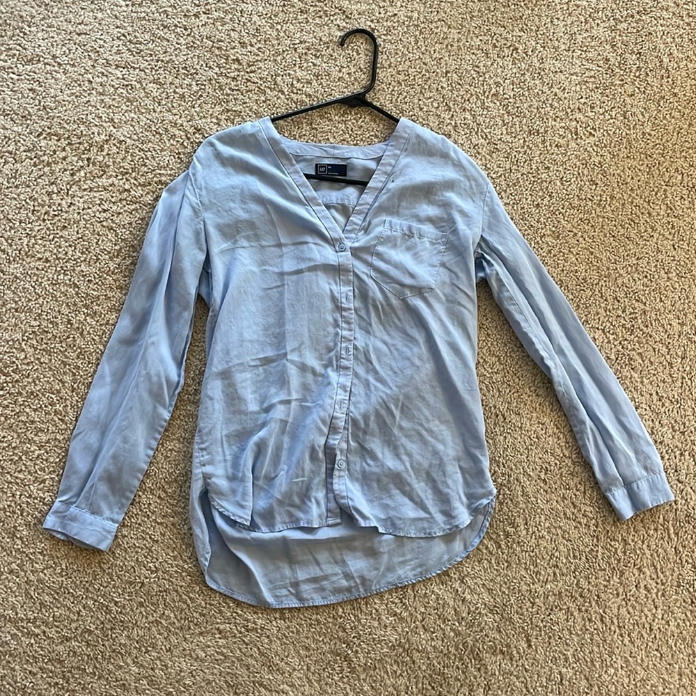 Gap Blue V Neck Button Down Blouse